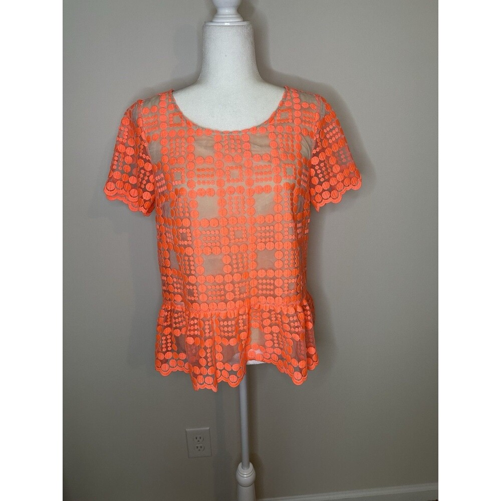 Anthropologie Leifsdottir Bright Neon Orange Lacepane Peplum Blouse Sz 8